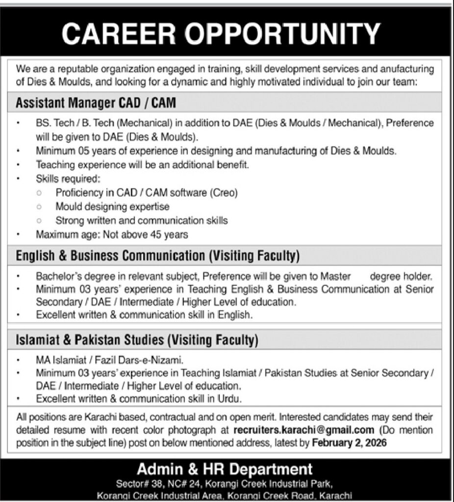 Assistant Manager CAD / CAM- (Karachi) - Original Advertisement