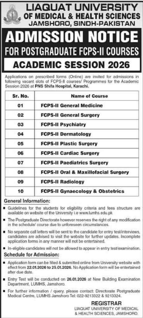 Admission notices for Postgraduate FCPS-II Courses Session 2026 at PNS Shifa Hospital, Karachi. – (Karachi) - Original Advertisement