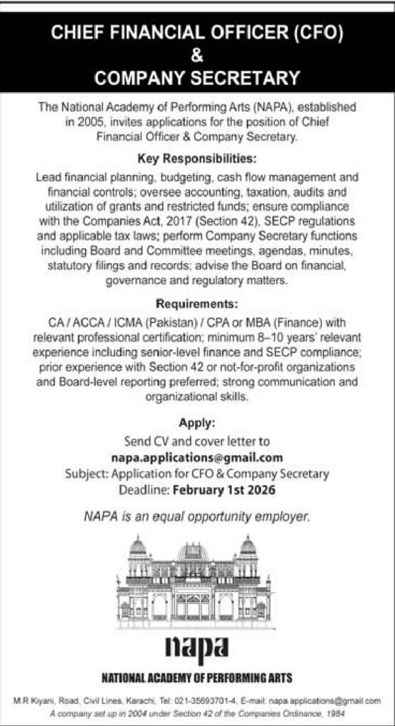 Job Vacancy – Cheif Financial Officer – COMPANY SECRETARY – Karachi - Original Advertisement
