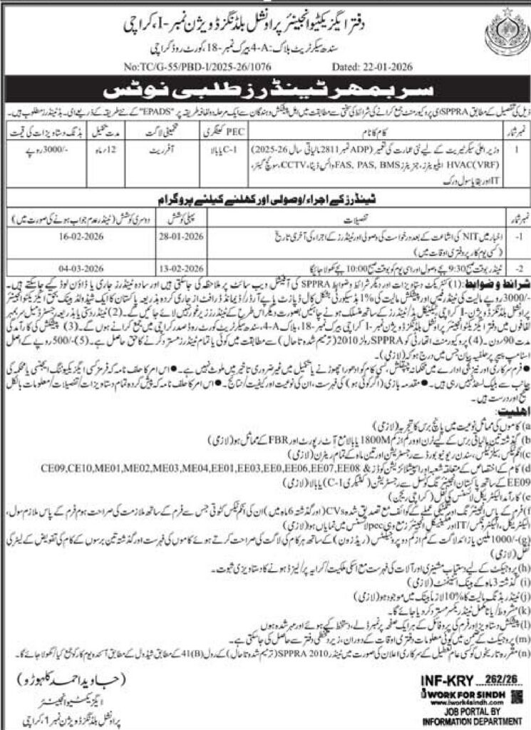 Tender Notice – Dated: 22-01-2026 – Sindh - Original Advertisement
