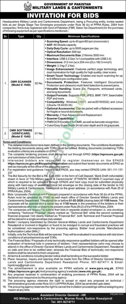 Tender Notice - GOVERNMENT OF PAKISTAN - Rawalpindi - Military Lands and Cantonments (MLC)