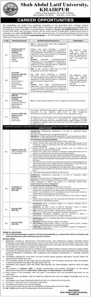 CAREER OPPORTUNITIES – Shah Abdul Latif University – Khairpur - Original Advertisement