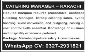 Job Vacancy – Catering Manager – Karachi
