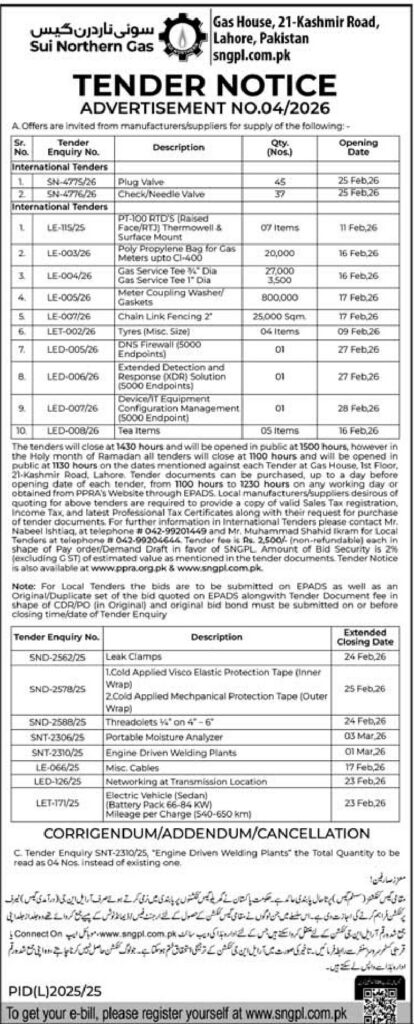 Tender Notice – Advertisment No. 04/2026 – Sui Northern Gas – Lahore - Original Advertisement