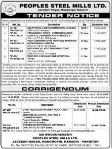 Tender Notice – Peoples Steel Mills Ltd. – Karachi