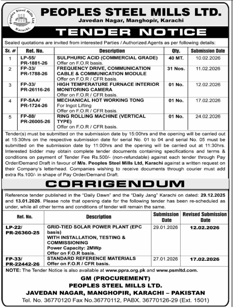 Tender Notice – Peoples Steel Mills Ltd. – Karachi - Original Advertisement