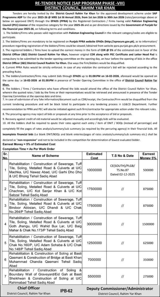 Tender Notice - DISTRICT COUNCIL, RAHIM YAR KHAN - Rahim Yar Khan - DISTRICT COUNCIL