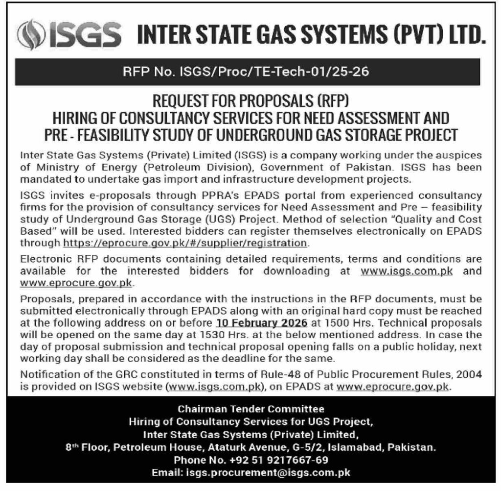 Tender Notice – ISGS INTER STATE GAS SYSTEMS (PVT) LTD. – Islamabad - Original Advertisement