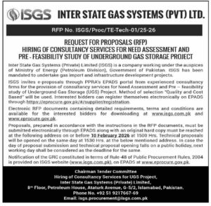 Tender Notice – ISGS INTER STATE GAS SYSTEMS (PVT) LTD. – Islamabad