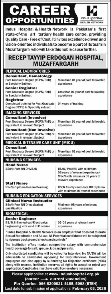 Job Vacancy – Nurse – INDUS HOSPITAL – Muzaffargarh - Original Advertisement