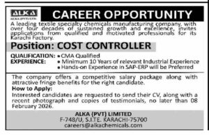 Job Vacancy – Cost Controller – ALKA (PVT) LTD. – Karachi