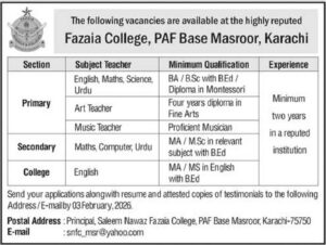 Job Vacancy – Teacher – Fazaia College, PAF Base Masroor – Karachi