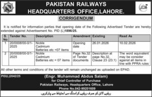 Tender Notice - Corrigendum - PAKISTAN RAILWAYS - Lahore - PAKISTAN RAILWAYS