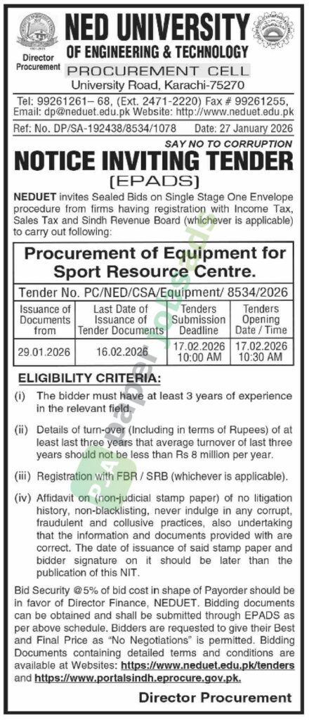 Tender Notice - NED UNIVERSITY - Karachi - NED UNIVERSITY