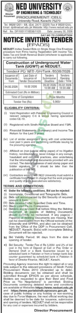Tender Notice - NED UNIVERSITY of Engineering & Technology - Karachi - NED UNIVERSITY of Engineering & Technology