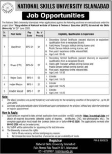 Job Vacancy – Helper – NATIONAL SKILLS UNIVERSITY – Islamabad