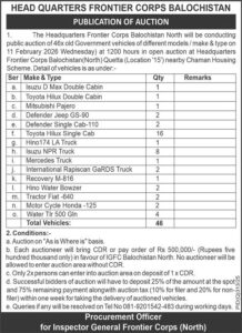 Tender Notice – public auction of 46x old Government vehicles – Quetta