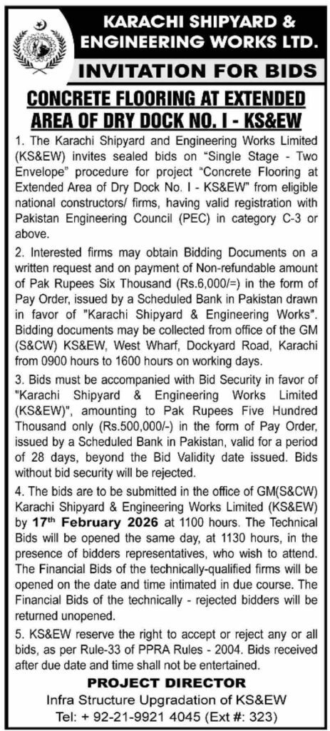 Tender Notice – KARACHI SHIPYARD & ENGG. WORKS LTD. – Karachi - Original Advertisement