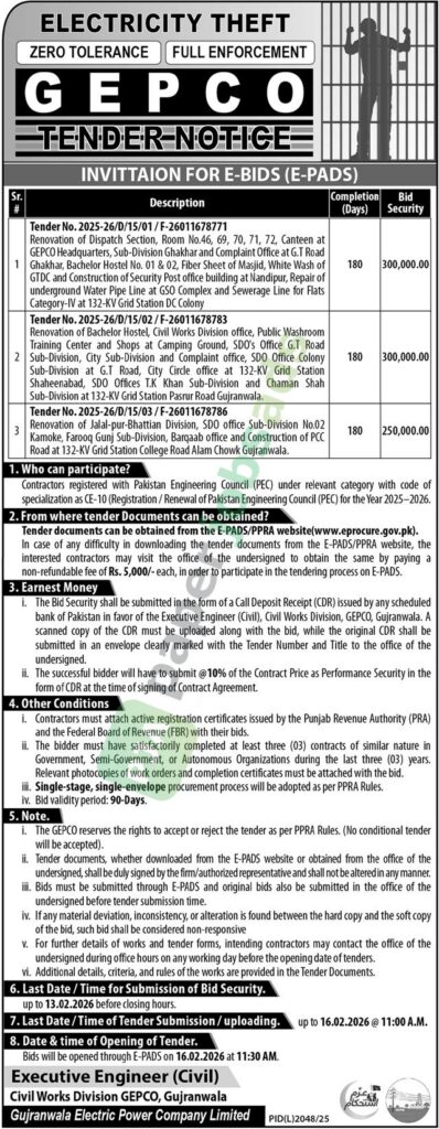 Tender Notice - GEPCO - Gujranwala - GEPCO