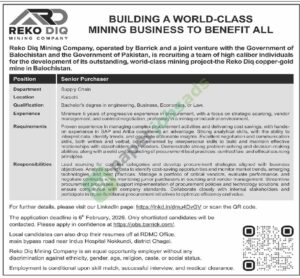 Job Vacancy - Senior Purchaser - MINING COMPANY - Karachi - RKO DIQ MINING COMPANY