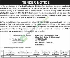 Tender Notice - Construction of Gym at Sector E-10 - Islamabad - DW&CE (DCI)