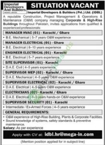 Job Vacancy - Manager HVAC / Electrical / Engineer Electrical - Imperial Developers & Builders (Pvt.) Ltd. (IDBL) - Karachi - Imperial Developers & Builders (Pvt.) Ltd. (IDBL)