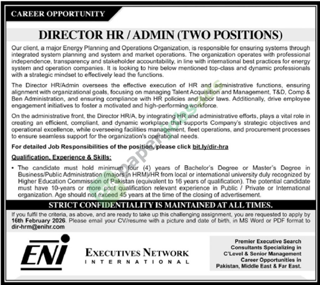 Job Vacancy - Director HR / Admin - Energy Planning and Operations Organization