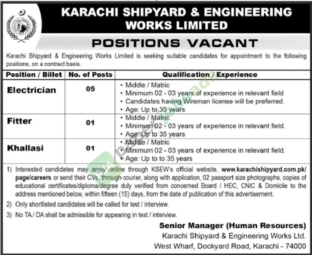 Job Vacancy - Electrician / Fitter / Khalasi - Karachi Shipyard & Engineering Works Limited - Karachi - Karachi Shipyard & Engineering Works Limited