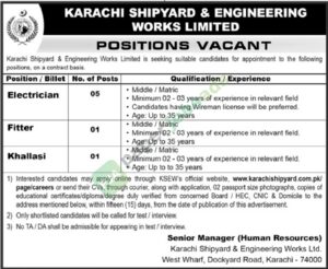 Job Vacancy - Electrician / Fitter / Khalasi - Karachi Shipyard & Engineering Works Limited - Karachi - Karachi Shipyard & Engineering Works Limited