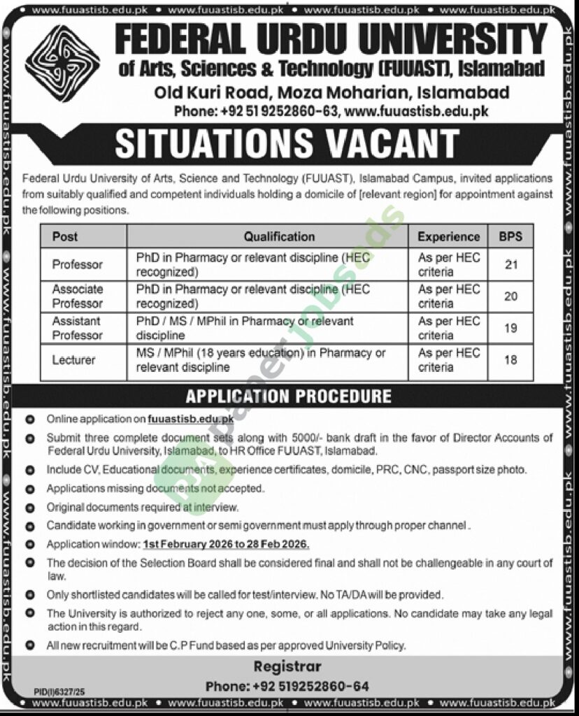 Job Vacancy - Professor / Associate Professor / Assistant Professor / Lecturer - FEDERAL URDU UNIVERSITY - Islamabad - FEDERAL URDU UNIVERSITY