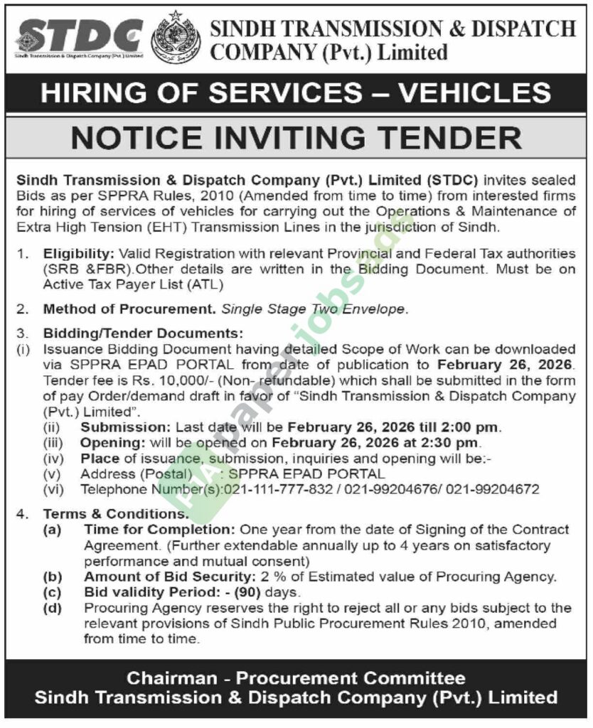 Tender Notice - Hiring of Services of Vehicles - Sindh - Sindh Transmission & Dispatch Company (Pvt.) Limited