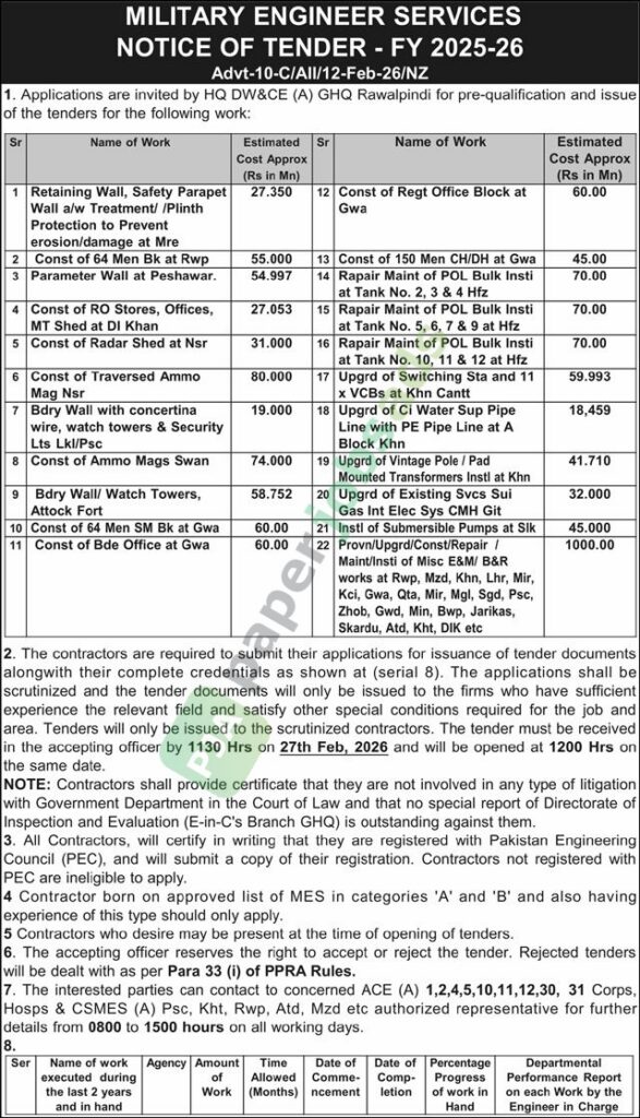 Pre-qualification and issue of the tenders for the work - MILITARY ENGINEER SERVICES
