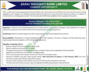 Job Vacancy - Branch Manager - ZARAI TARAQIATI BANK LIMITED - Islamabad - ZARAI TARAQIATI BANK LIMITED