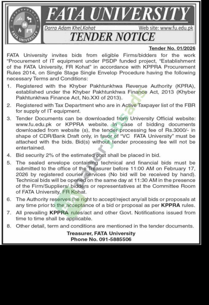 Tender Notice - FATA UNIVERSITY - Kohat - FATA UNIVERSITY