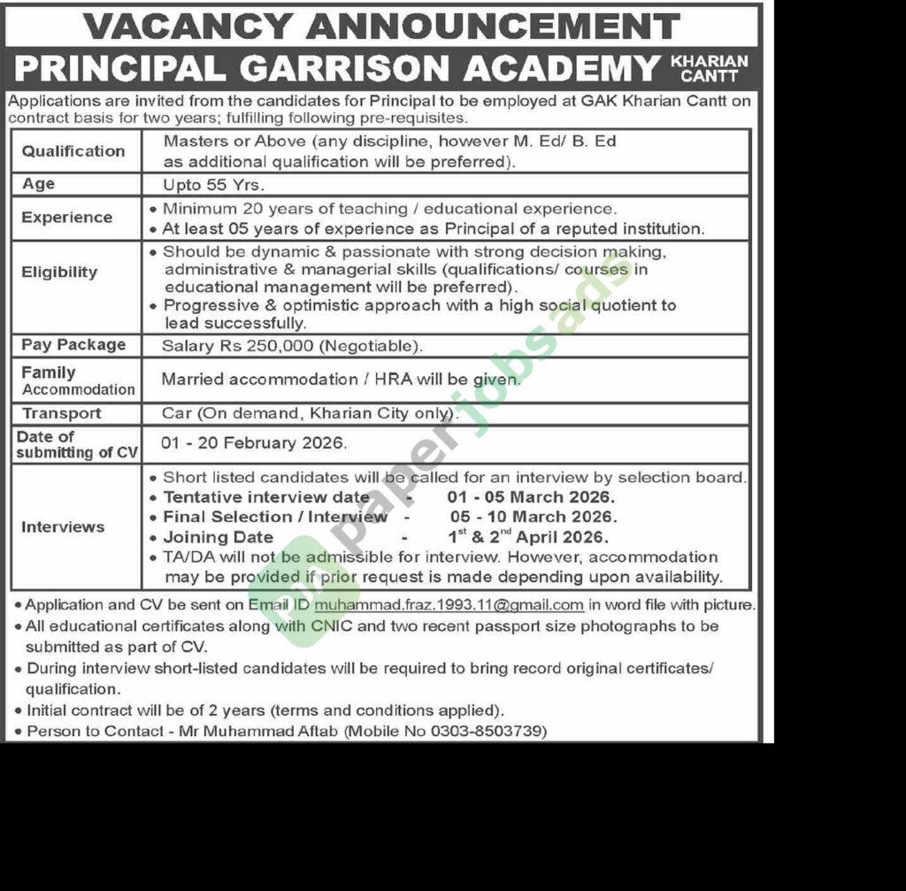 Job Vacancy - Principal - VACANCY ANNOUNCEMENT - Garrison Academy