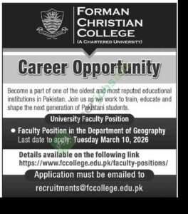 Faculty Position in the Department of Geography - Forman Christian College