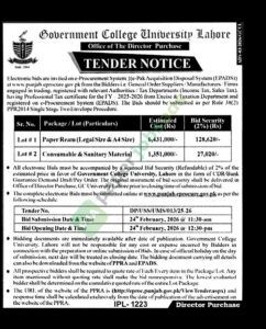 Tender Notice for Paper Ream / Consumable & Sanitary Materials - Government College University - Lahore - Government College University