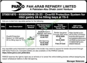 Tender Notice - PARCO PAK-ARAB REFINERY LIMITED - PARCO PAK-ARAB REFINERY LIMITED