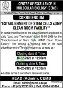 Tender Notice - Corrigendum - Establishment of Stem Cells cGMP Clean Room Facility - Centre of Excellence in Molecular Biology (CEMB)