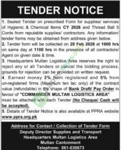 Tender Notice - Supplies of Hygienic Items - Supplies and Transport Headquarters