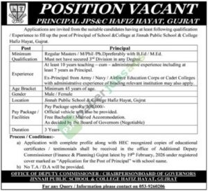 Job Vacancy - Principal - /Experience to fill up the post of Principal of School & Col - Gujrat - Jinnah Public School & College Hafiz Hayat
