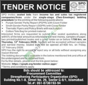 Tender Notice for printing - Islamabad - Strengthening Participatory Organization (SPO)