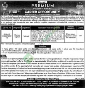Job Vacancy - Planning Engineer Technical - Punjab Central Business District Development Authority
