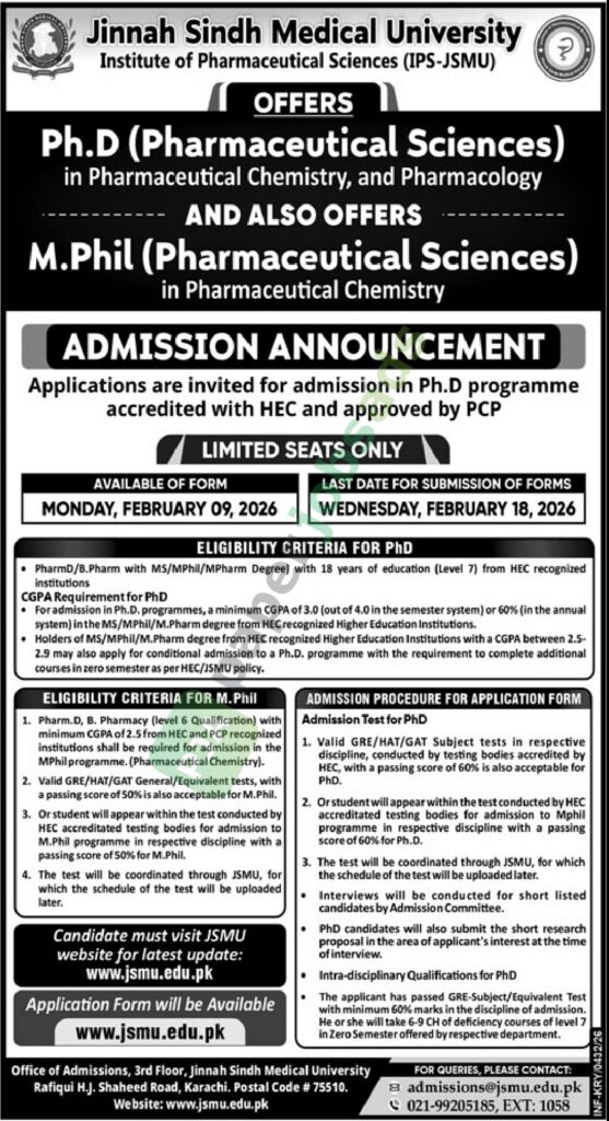 Admission Notice - Ph.D and M.Phil (Pharmaceutical Sciences) - Jinnah Sindh Medical University