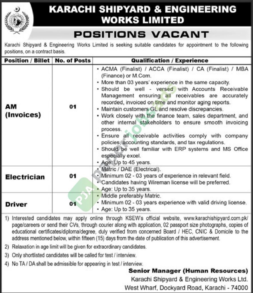 Job Vacancy - AM (Invoices) / Electrician / Driver - Karachi Shipyard & Engineering Works Limited