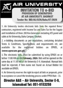 Tender Notice - Supply and Installation of three 200 Kva Generators - AIR UNIVERSITY