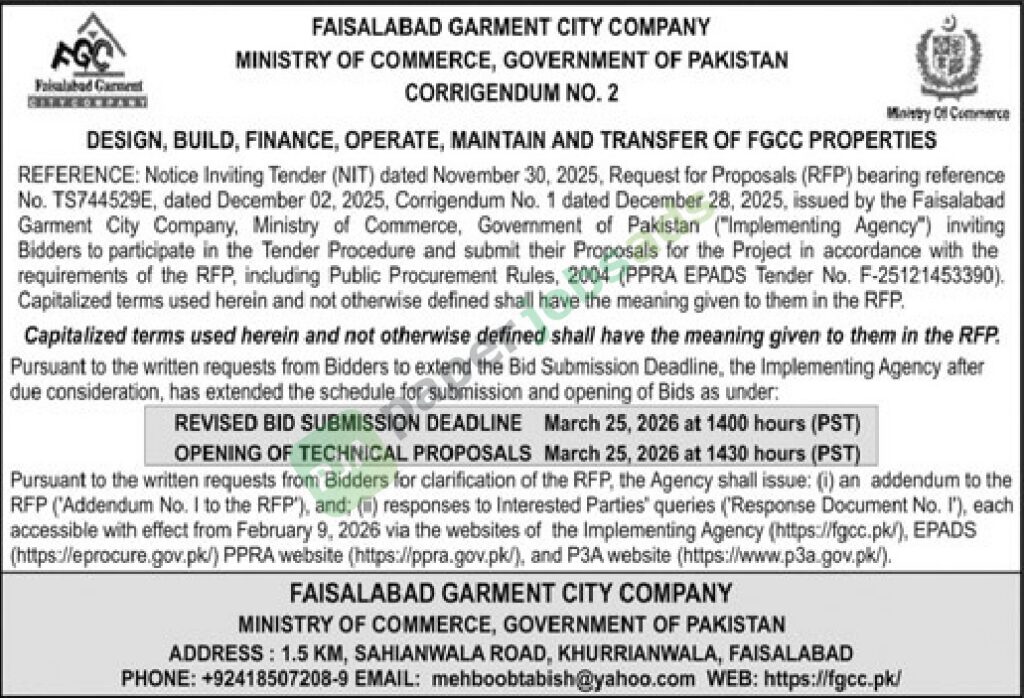 Tender Notice - Corrigenum no 2 - Design, Build, Finance, Operate, Maintain and Transfer of FGCC Properties - Faisalabad Garment City Company