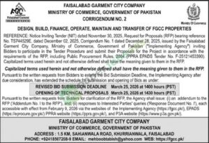 Tender Notice - Corrigenum no 2 - Design, Build, Finance, Operate, Maintain and Transfer of FGCC Properties - Faisalabad Garment City Company