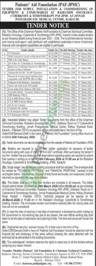 Tender notice for supply, installation & commissioning of equipment - Patients Aid Foundation (PAF-JPMC)