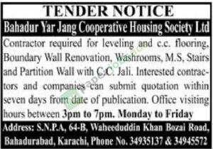Tender Notice - Contractor required for leveling and c.c. flooring - Bahadur Yar Jang Cooperative Housing Society Ltd